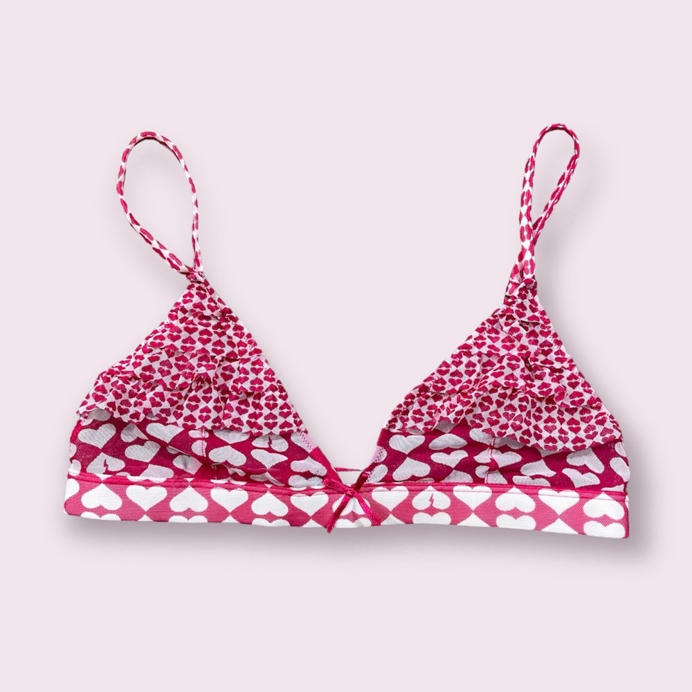 EXPRESS Y2K Pink Red White Hearts Ruffle Triangle Graphic Sheer Mesh Bralette